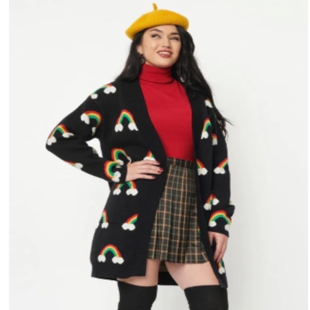 Unique Vintage Black Rainbows Long Open Cardigan | One Size Oversized Sweater
